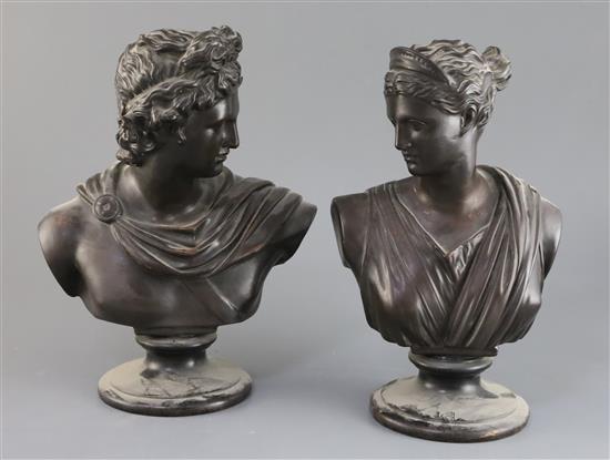 A pair of 19th century French N & H bronzed ceramic busts of Apollo and Diana, 11.5in.
